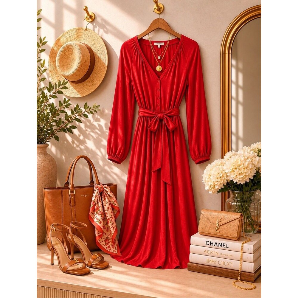❤️ Lovestitch Red Maxi Dress|Large | V-Neck Long Sleeve Waist Tie Boho Romantic - Picture 6 of 8